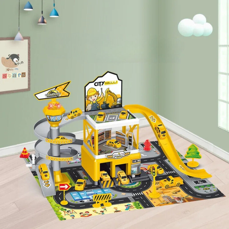 Meerdere verdiepingen speelgoedgarage met lift โ interactief parkeerset met auto's en racebanen voor kinderen, perfect voor fantasierijk spel