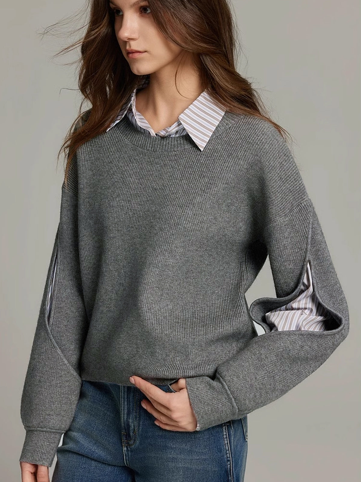 2 in 1 gerippter Pullover mit Ausschnitt