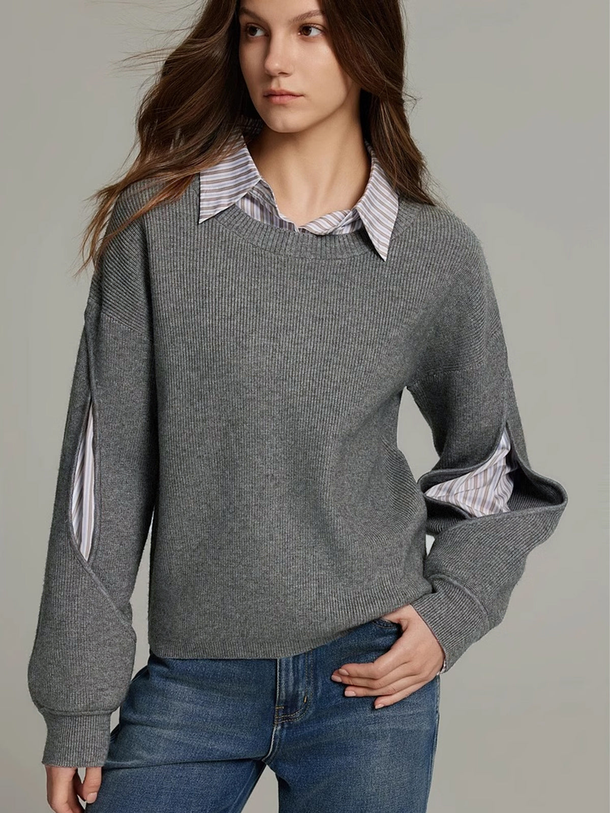 2 in 1 gerippter Pullover mit Ausschnitt