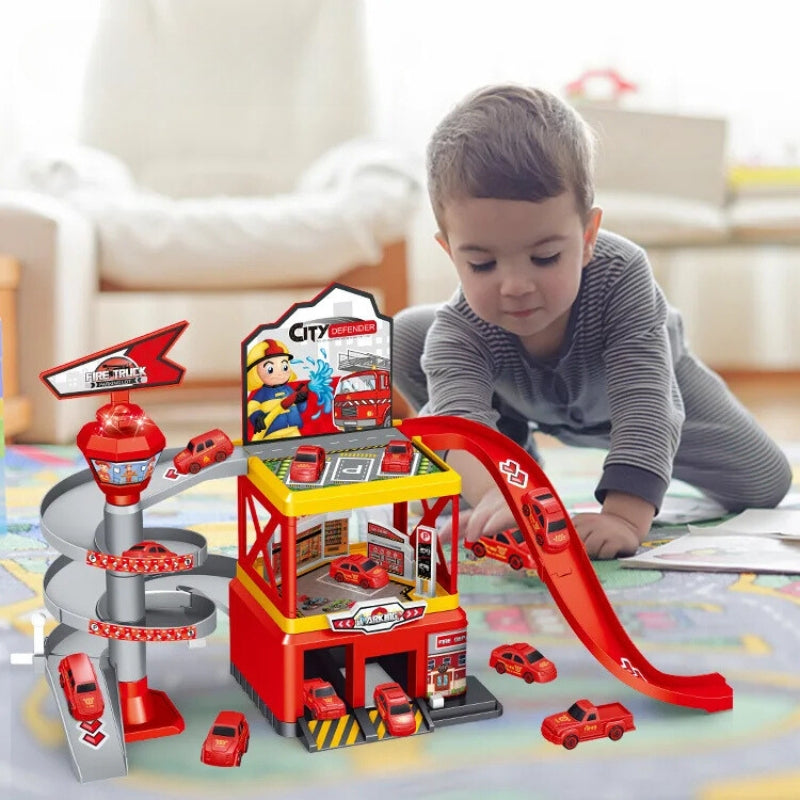 Meerdere verdiepingen speelgoedgarage met lift โ interactief parkeerset met auto's en racebanen voor kinderen, perfect voor fantasierijk spel