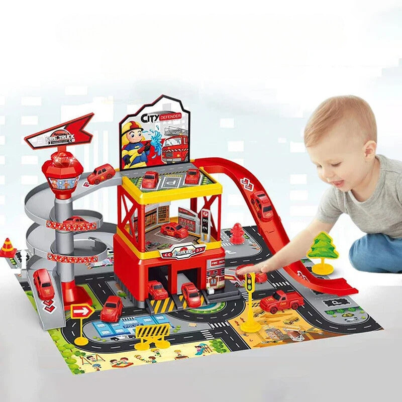 Meerdere verdiepingen speelgoedgarage met lift โ interactief parkeerset met auto's en racebanen voor kinderen, perfect voor fantasierijk spel