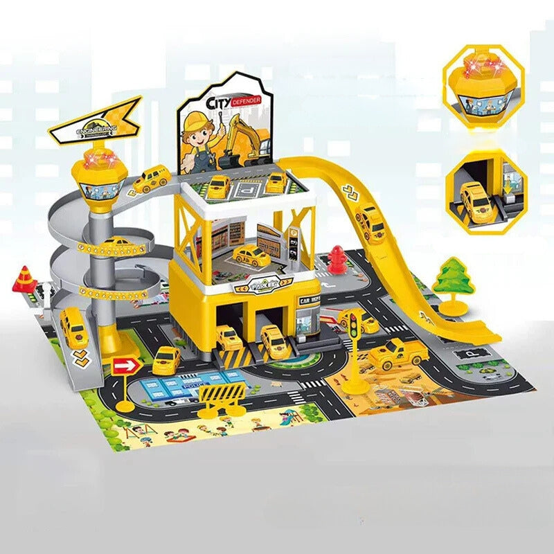 Meerdere verdiepingen speelgoedgarage met lift โ interactief parkeerset met auto's en racebanen voor kinderen, perfect voor fantasierijk spel
