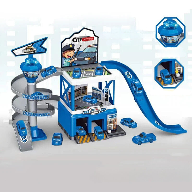 Meerdere verdiepingen speelgoedgarage met lift โ interactief parkeerset met auto's en racebanen voor kinderen, perfect voor fantasierijk spel