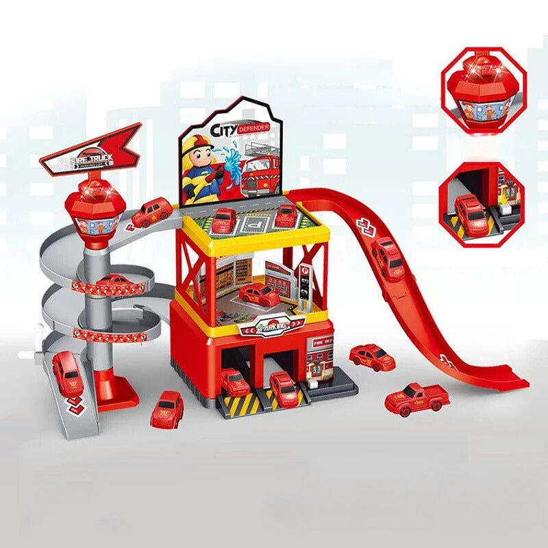 Meerdere verdiepingen speelgoedgarage met lift โ interactief parkeerset met auto's en racebanen voor kinderen, perfect voor fantasierijk spel
