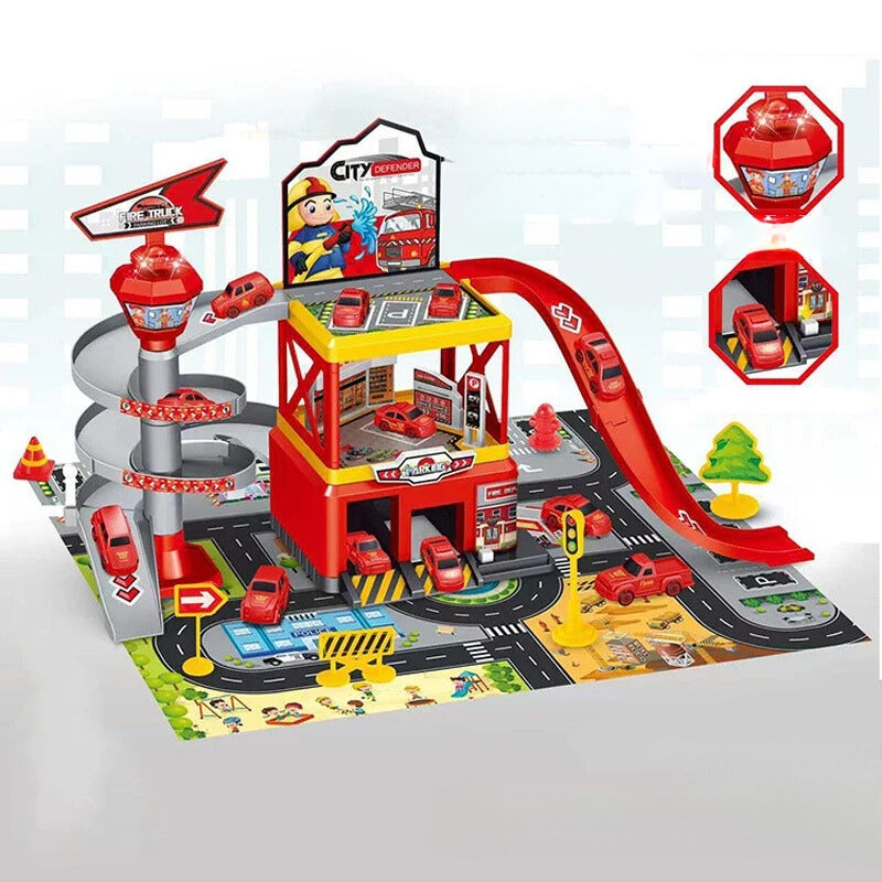 Meerdere verdiepingen speelgoedgarage met lift โ interactief parkeerset met auto's en racebanen voor kinderen, perfect voor fantasierijk spel