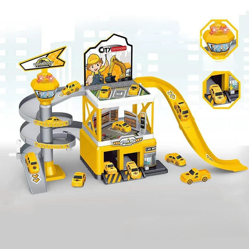 Meerdere verdiepingen speelgoedgarage met lift โ interactief parkeerset met auto's en racebanen voor kinderen, perfect voor fantasierijk spel