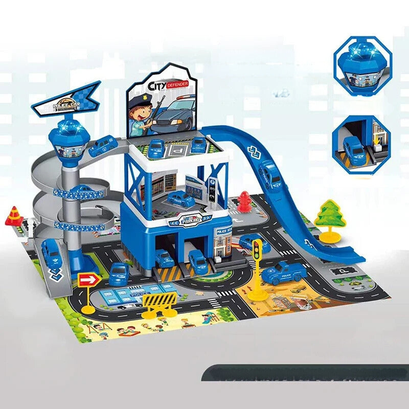 Meerdere verdiepingen speelgoedgarage met lift โ interactief parkeerset met auto's en racebanen voor kinderen, perfect voor fantasierijk spel