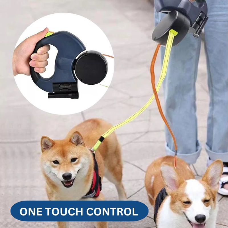 10FT Dual Retractable Dog Leash with Built-In Flashlight & Waste Bag Holder