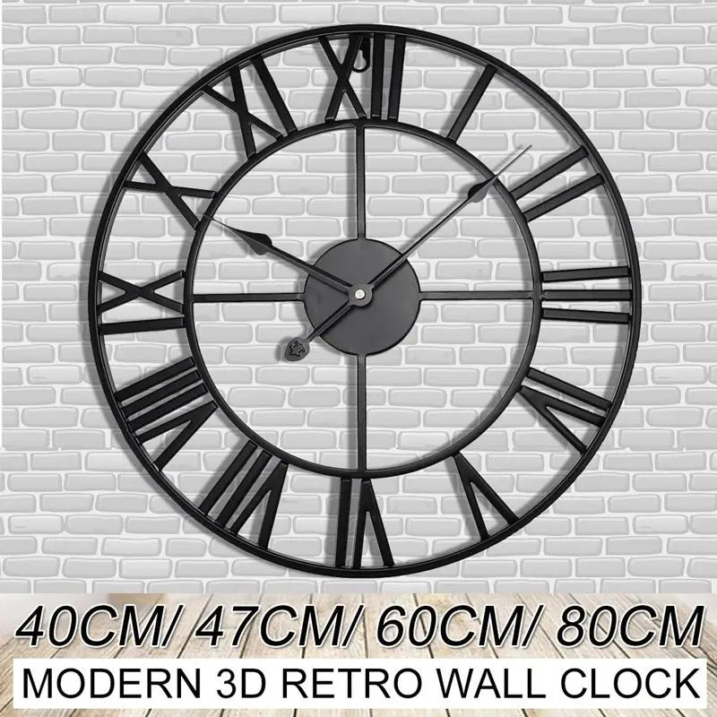 Moderne 3D Grote Retro Metalen Wandklok – Noordse Romeinse Cijfers Ontwerp