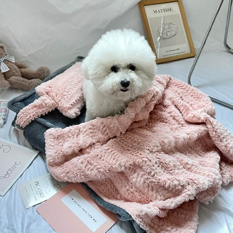 Speels roze pluche huisdierbed met kussen en deken