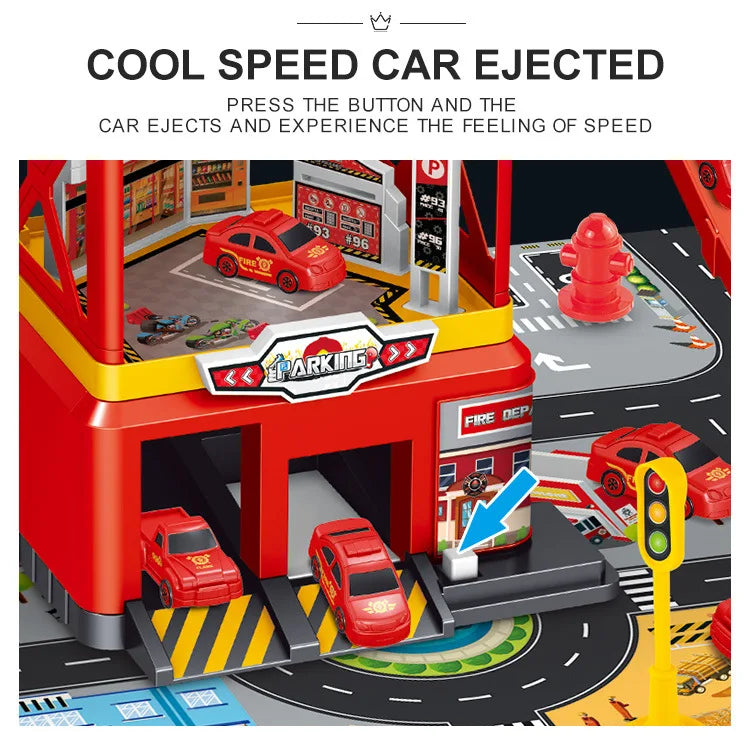 Meerdere verdiepingen speelgoedgarage met lift โ interactief parkeerset met auto's en racebanen voor kinderen, perfect voor fantasierijk spel