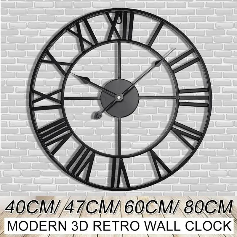 Moderne 3D Grote Retro Metalen Wandklok – Noordse Romeinse Cijfers Ontwerp