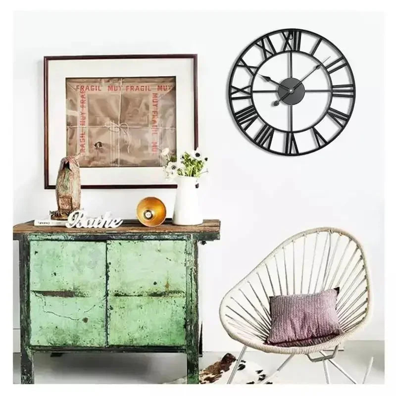 Moderne 3D Grote Retro Metalen Wandklok – Noordse Romeinse Cijfers Ontwerp