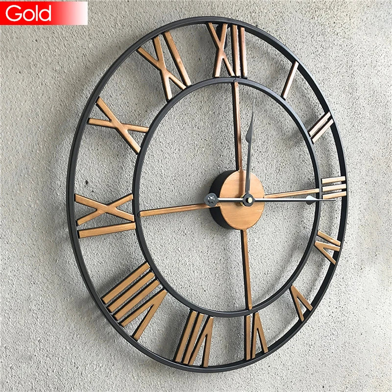 Moderne 3D Grote Retro Metalen Wandklok – Noordse Romeinse Cijfers Ontwerp