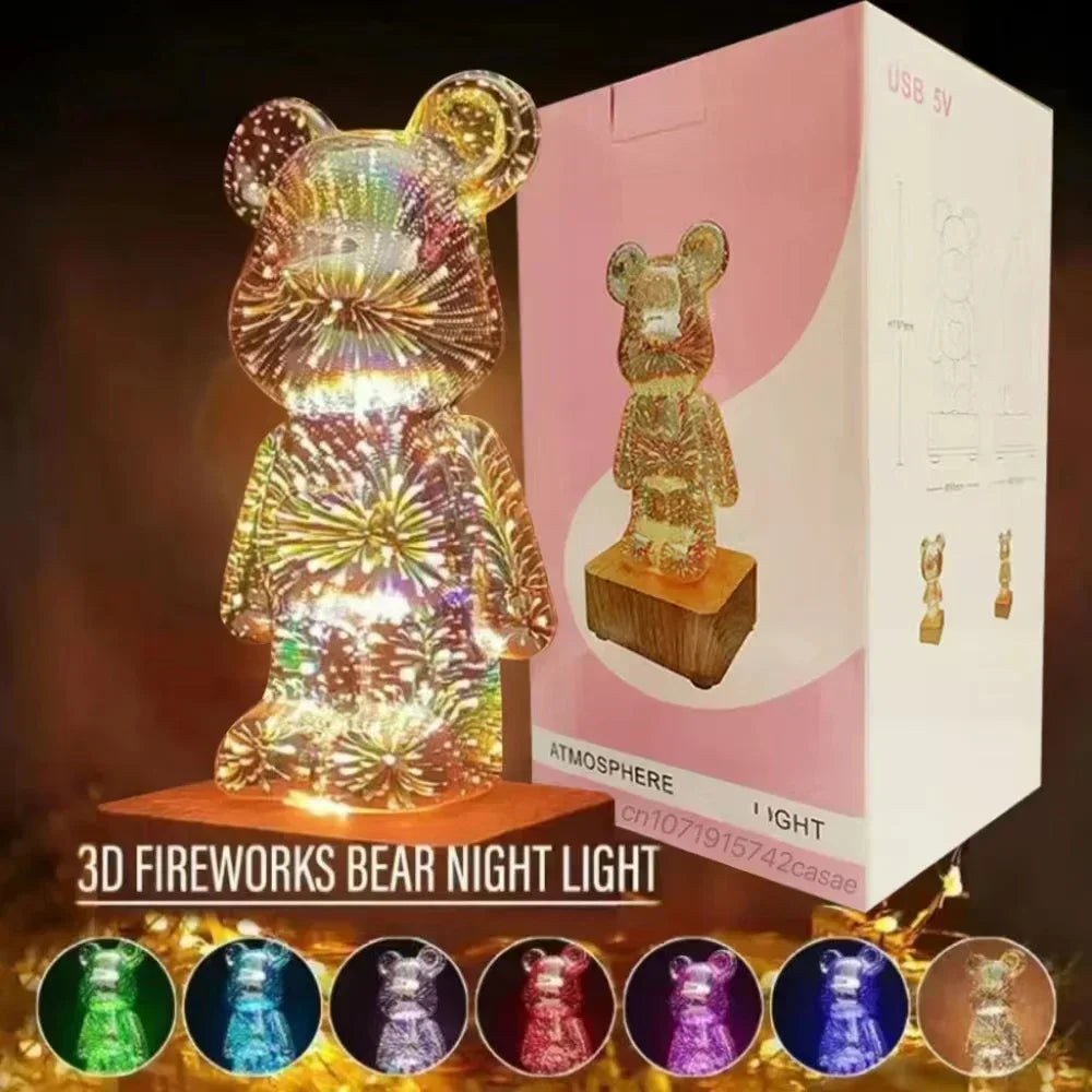 3D Vuurwerk Beer LED Nachtlamp – Kleurrijke Sfeerlamp