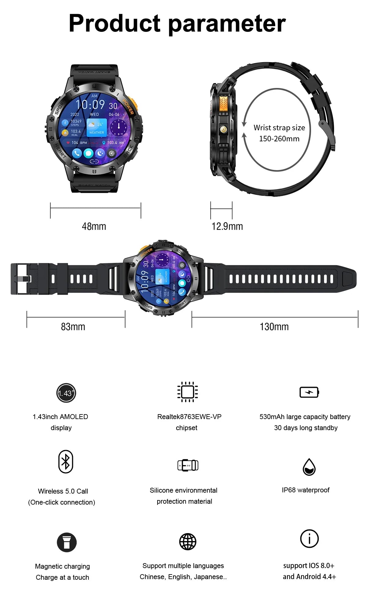 AMOLED slimme horloge – waterdichte fitness tracker met Bluetooth bellen