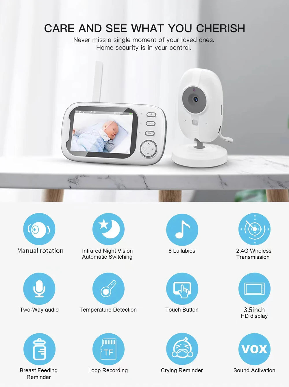 3.5-Inch Draadloze Video Baby Monitor – Nachtzicht & Tweeweg Audio
