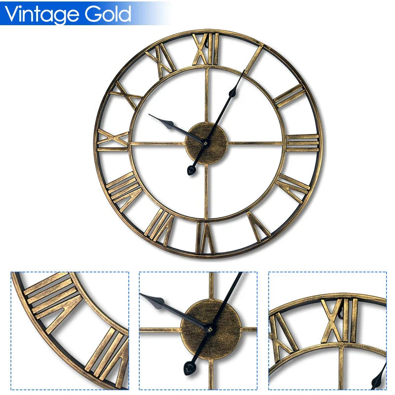 Moderne 3D Grote Retro Metalen Wandklok – Noordse Romeinse Cijfers Ontwerp