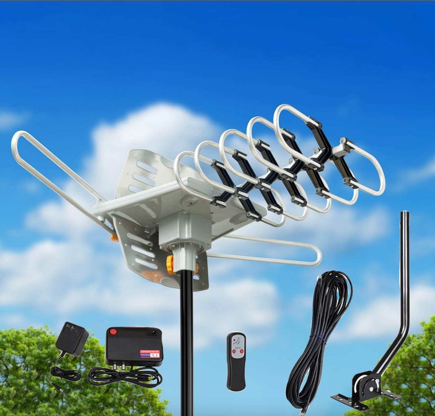 250 Meilen Outdoor Digital Verstärkte HDTV Antenne, Motorisierte 360° Drehung mit Mast