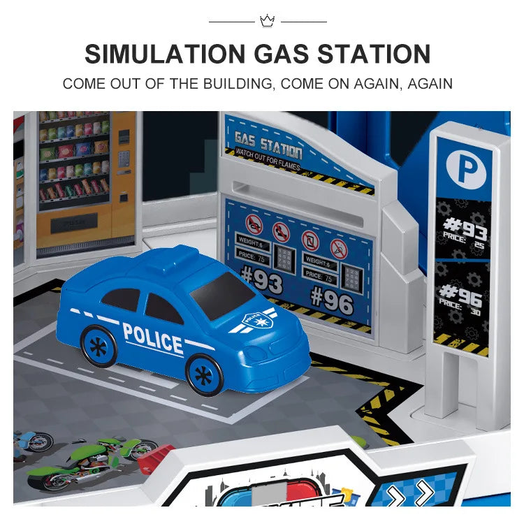 Meerdere verdiepingen speelgoedgarage met lift โ interactief parkeerset met auto's en racebanen voor kinderen, perfect voor fantasierijk spel