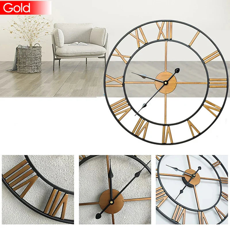Moderne 3D Grote Retro Metalen Wandklok – Noordse Romeinse Cijfers Ontwerp