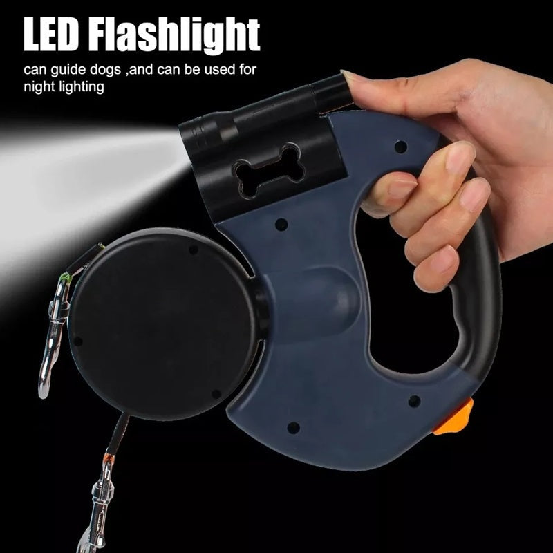 10FT Dual Retractable Dog Leash with Built-In Flashlight & Waste Bag Holder
