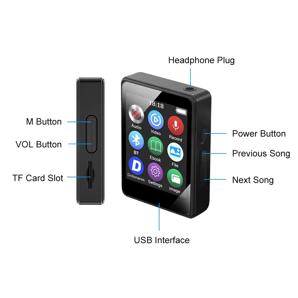 Compact Bluetooth MP3 Music Player with Stereo Audio and Video Playback