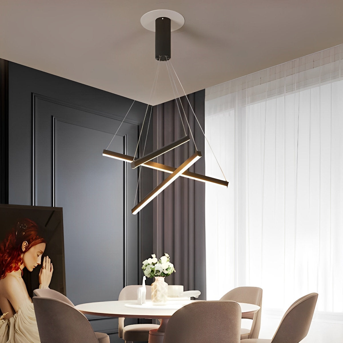 Minimalistische Strip Traploze Dimmen LED Zwarte Moderne Kroonluchter met Afstandsbediening