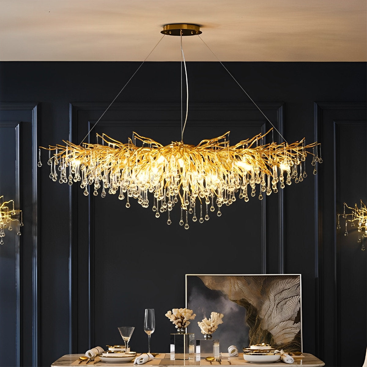 Moderne Luxe Gouden Boomtak Druppel Waterval Kroonluchter Verlichting