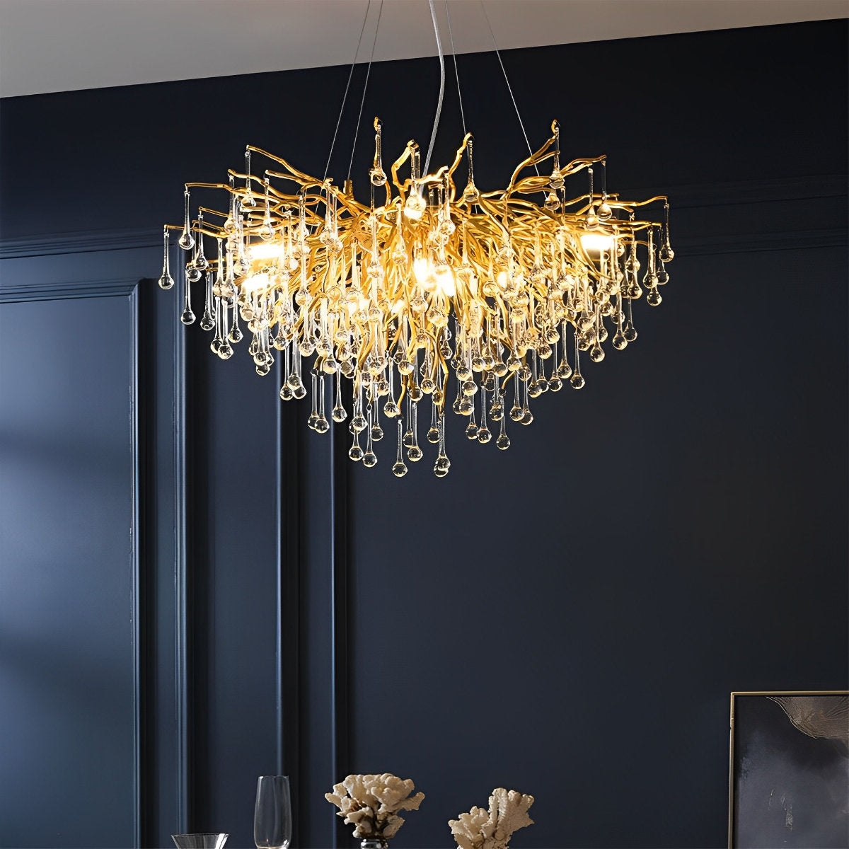 Moderne Luxe Gouden Boomtak Druppel Waterval Kroonluchter Verlichting
