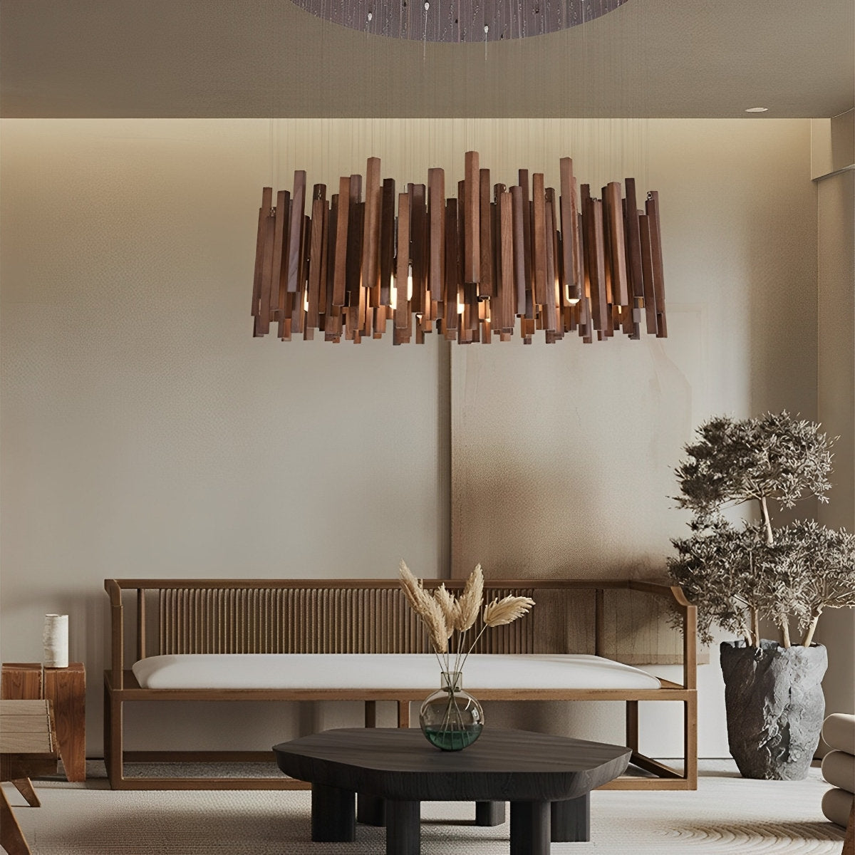Moderne minimalistische houten brandhoutstok kroonluchter licht