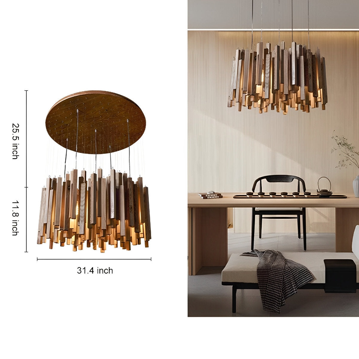 Moderne minimalistische houten brandhoutstok kroonluchter licht