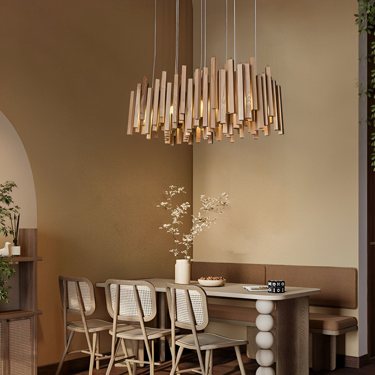 Moderne minimalistische houten brandhoutstok kroonluchter licht