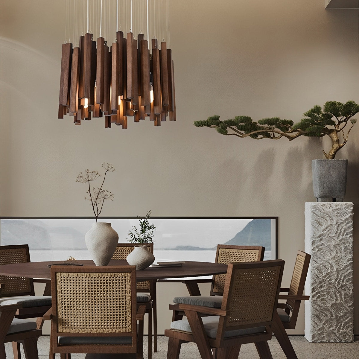 Moderne minimalistische houten brandhoutstok kroonluchter licht
