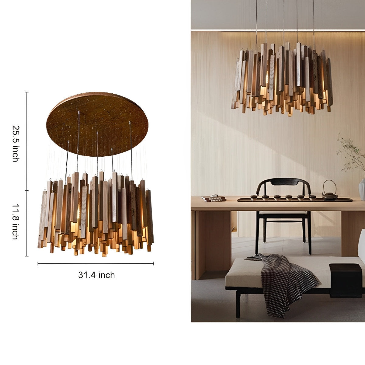Moderne minimalistische houten brandhoutstok kroonluchter licht
