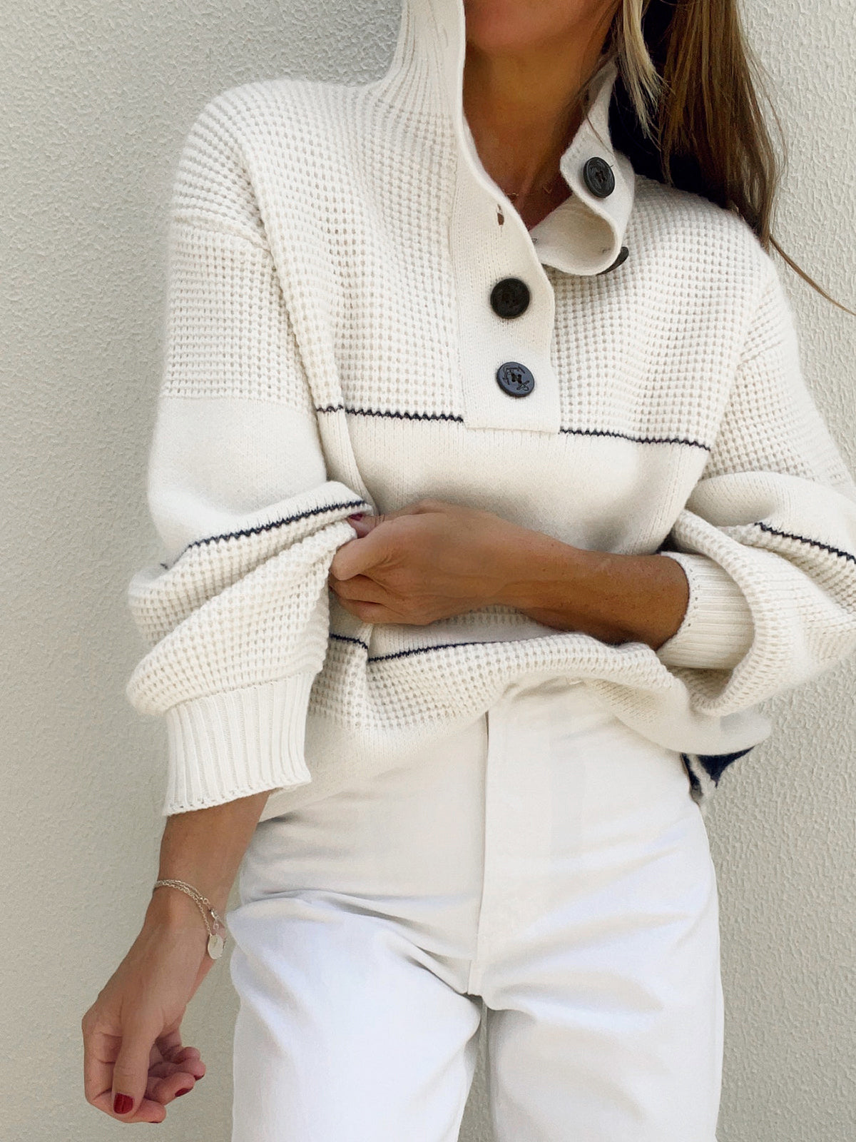 Offener Kragen Knopfleistenpullover