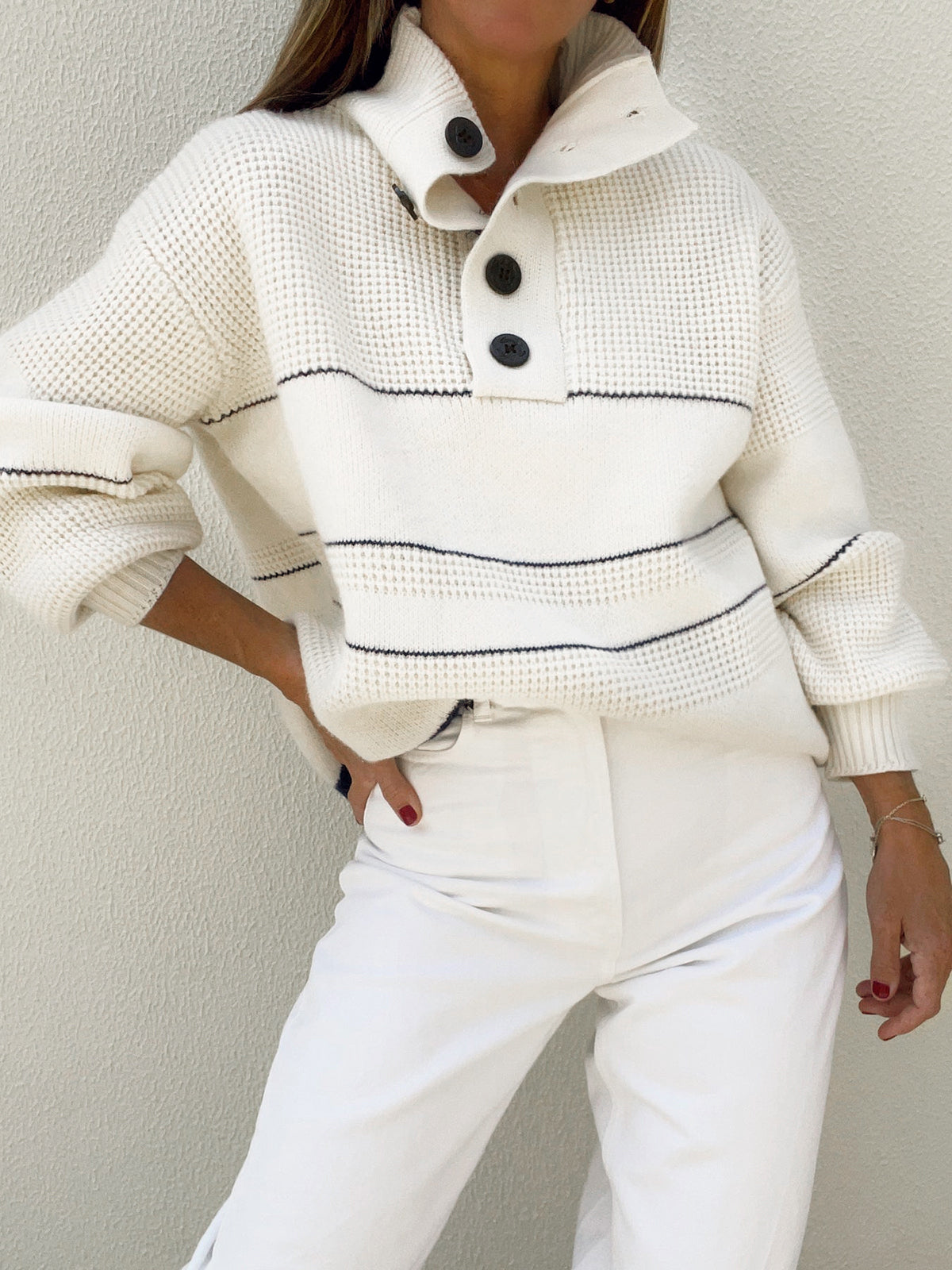 Offener Kragen Knopfleistenpullover