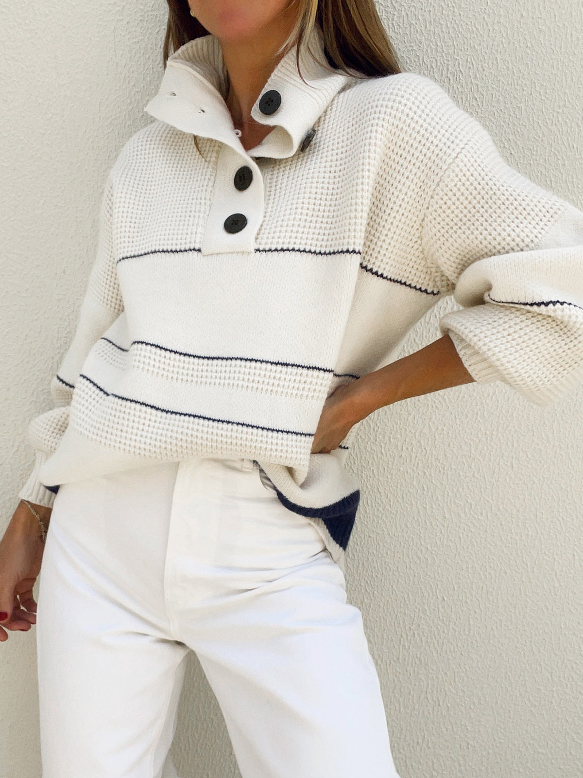 Offener Kragen Knopfleistenpullover