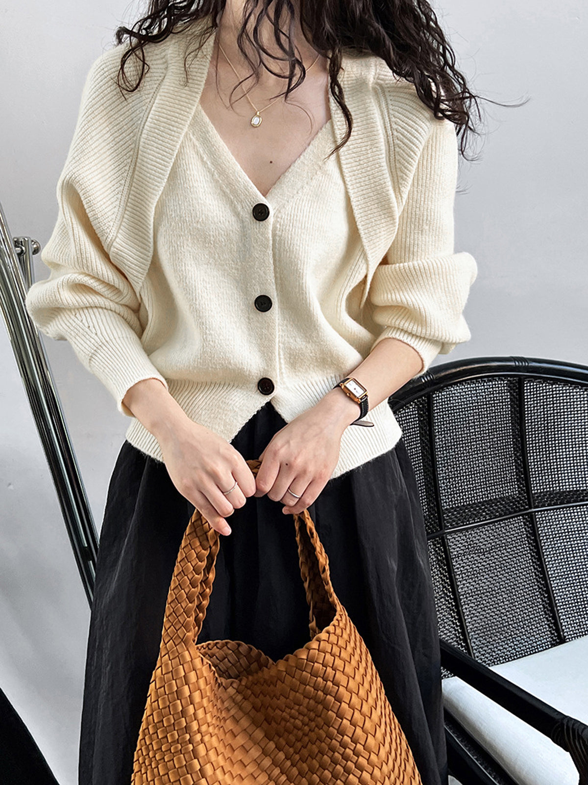 Patchwork V-hals Trui met Knopen