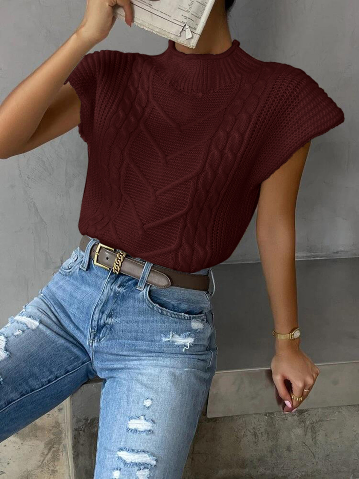 Plain cap-ærmet sweatervest