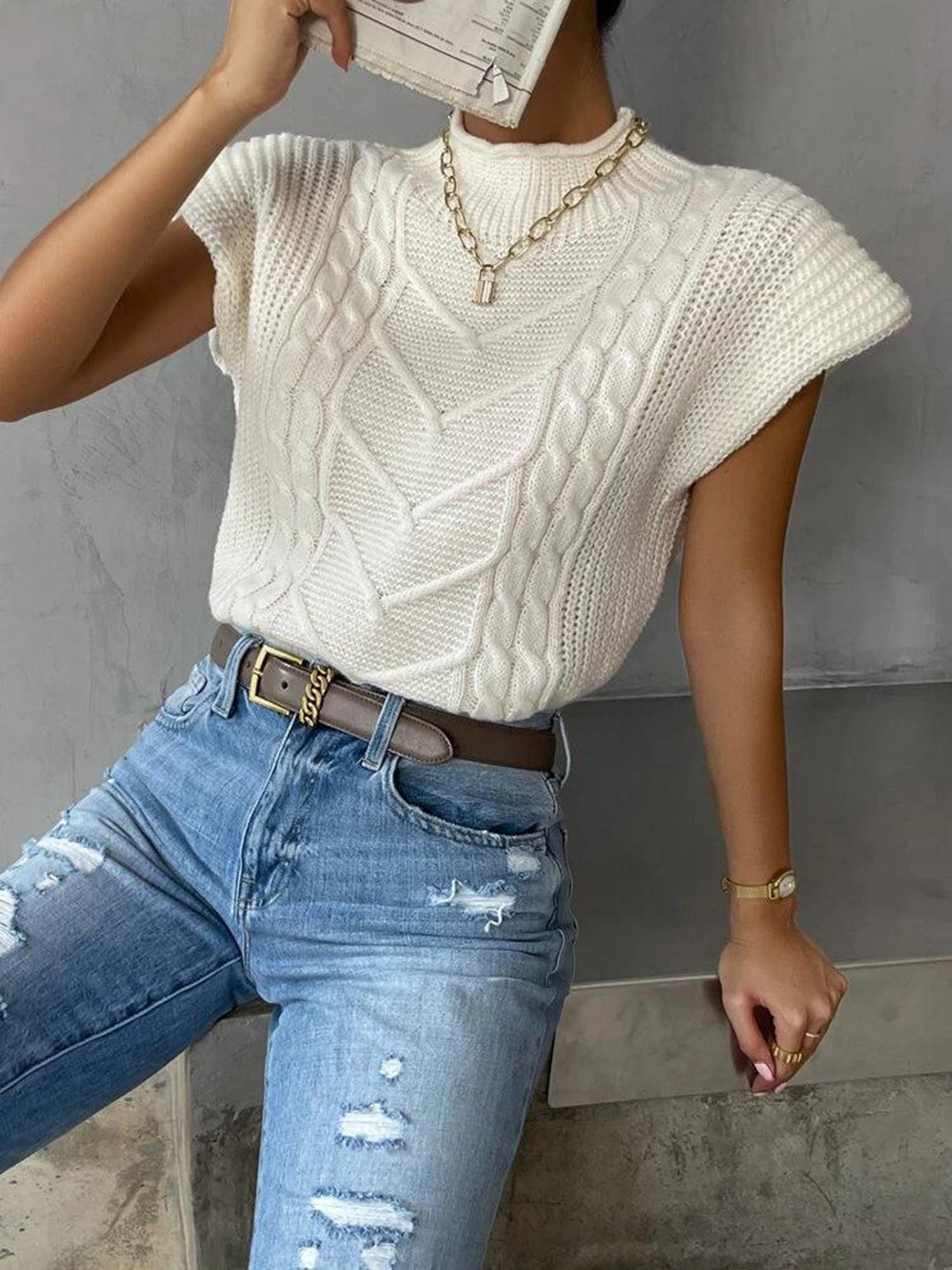 Plain cap-ærmet sweatervest