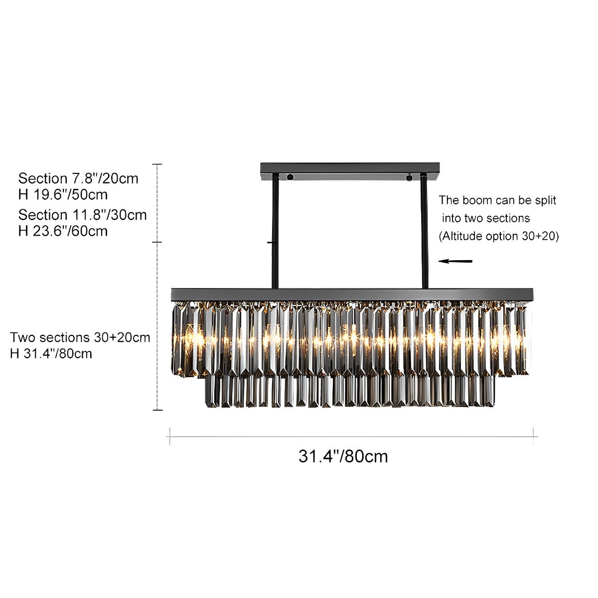 Rechthoekige kristallen LED 3-traps dimbare rookgrijze moderne kroonluchter