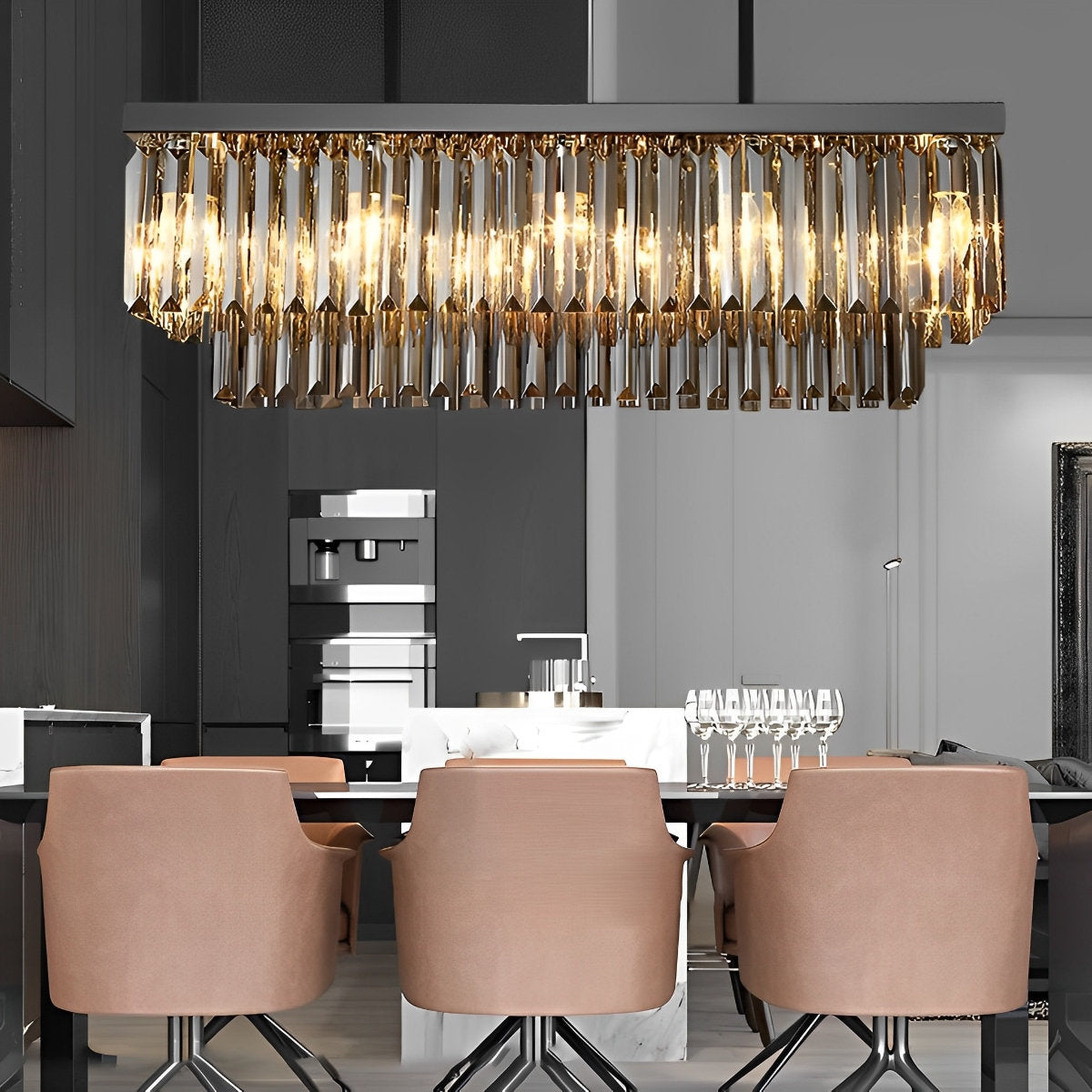 Rechthoekige kristallen LED 3-traps dimbare rookgrijze moderne kroonluchter