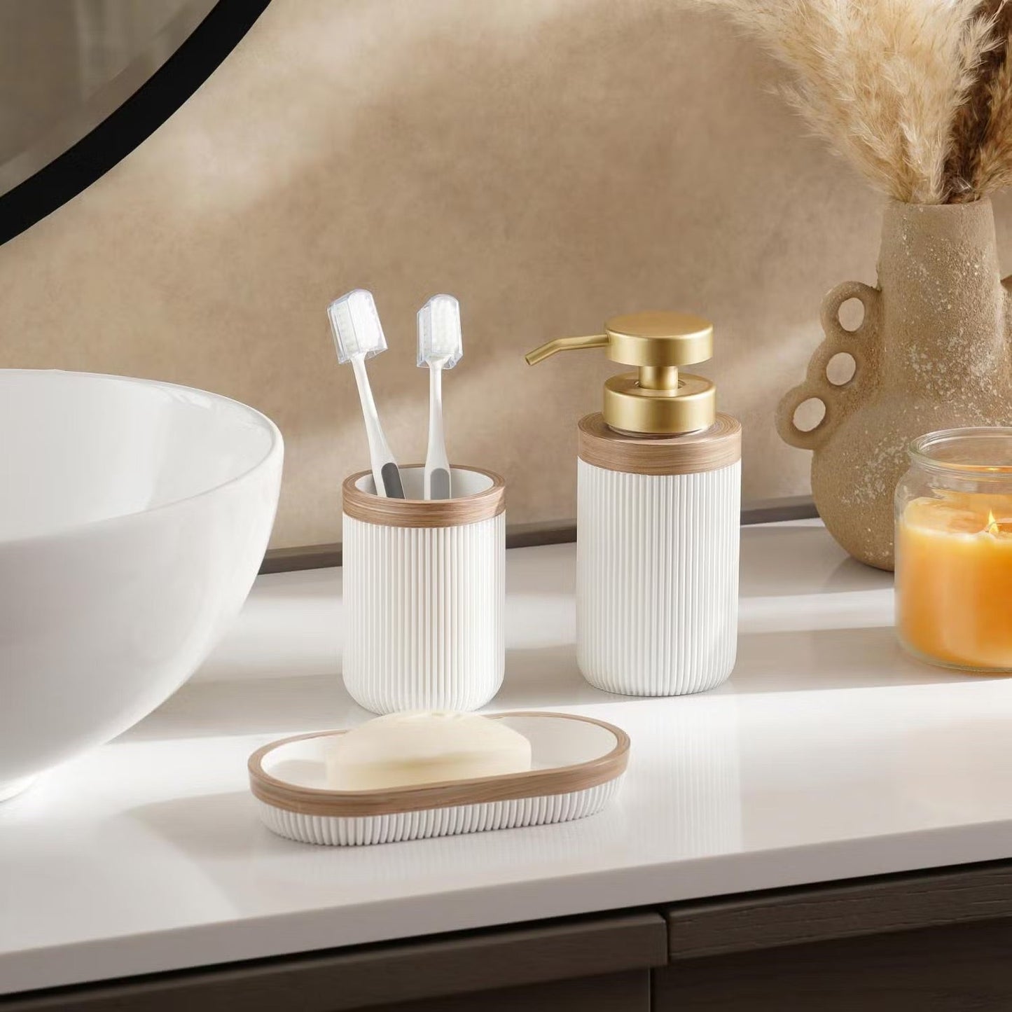 Soap Dish, Dispenser & Tumbler Set for Bathroom, White