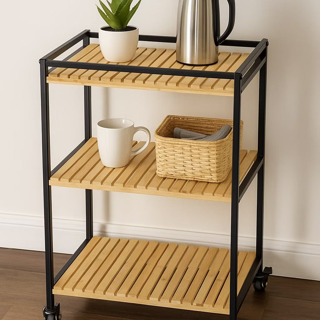3-laags multifunctionele bamboe trolley, 47x33x77cm, natuurlijke afwerking