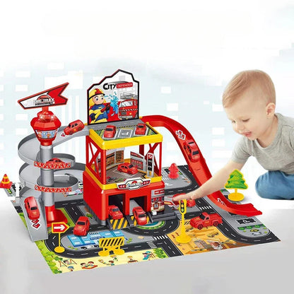 Meerdere verdiepingen speelgoedgarage met lift – interactief parkeerset met auto's en racebanen voor kinderen, perfect voor fantasierijk spel