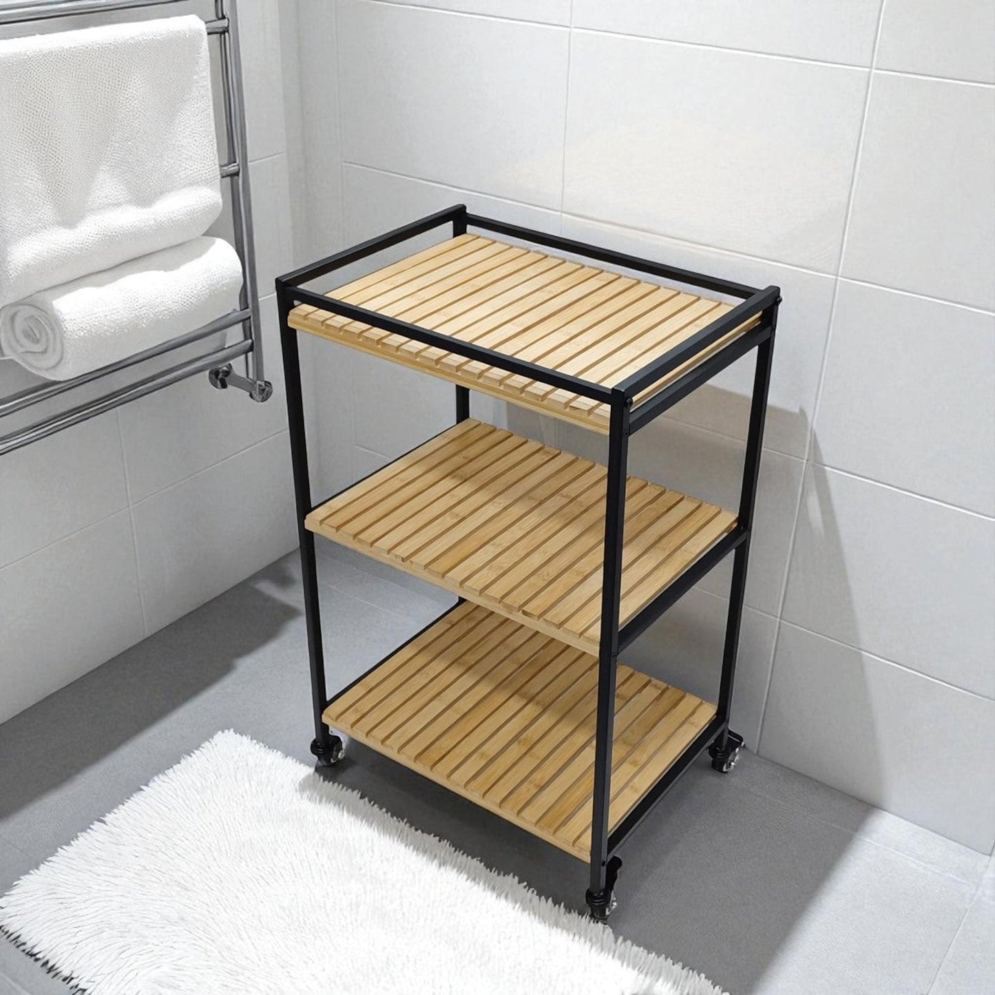 3-laags multifunctionele bamboe trolley, 47x33x77cm, natuurlijke afwerking