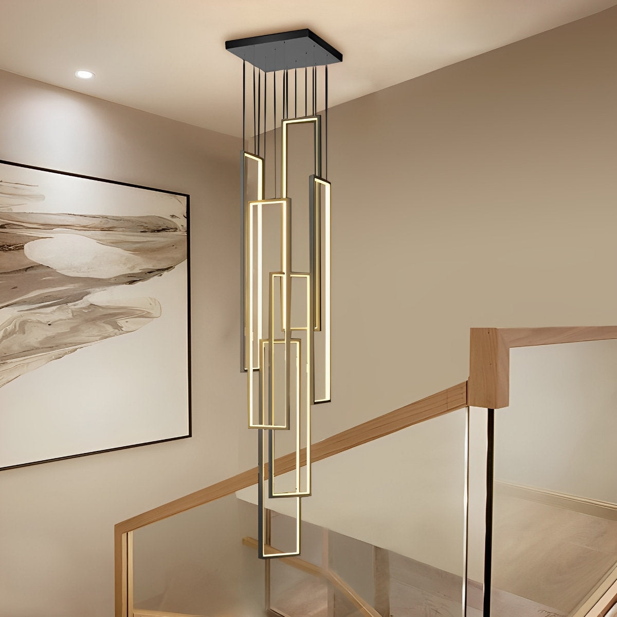 Rechthoekig frame aluminium LED zwart nordisch duplex trap kroonluchter