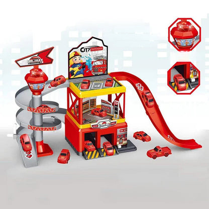 Meerdere verdiepingen speelgoedgarage met lift – interactief parkeerset met auto's en racebanen voor kinderen, perfect voor fantasierijk spel