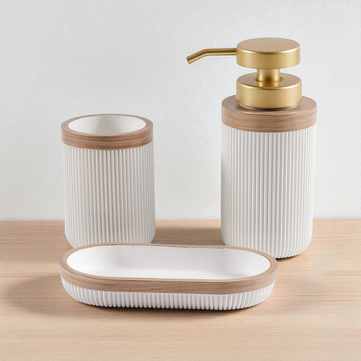 Soap Dish, Dispenser & Tumbler Set for Bathroom, White
